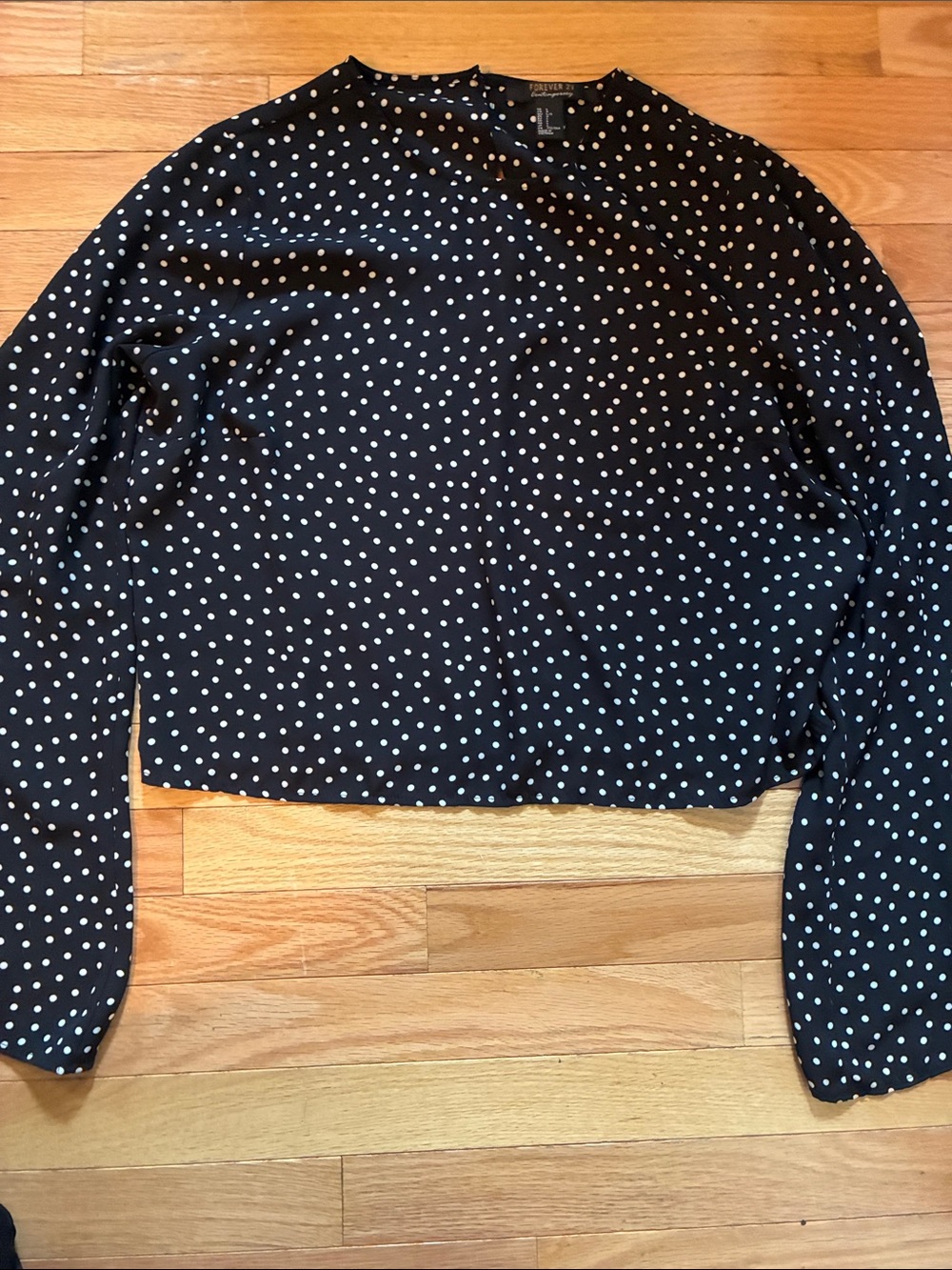 Forever 21 Black Polka Dot Long-Sleeve Top Cropped with bell sleeves L